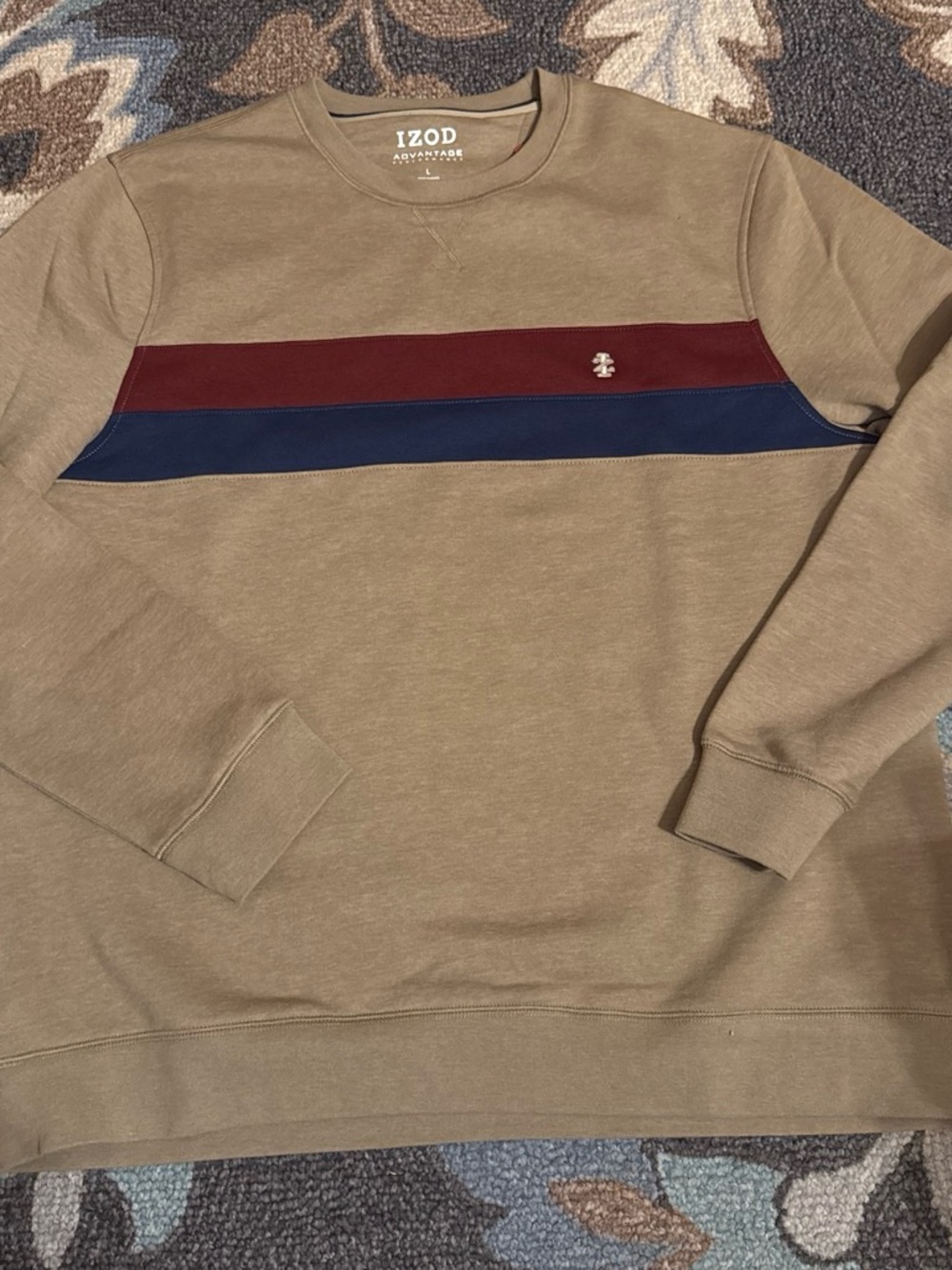 Izod Tan Crewneck Sweatshirt with Burgundy & Navy Chest Stripes